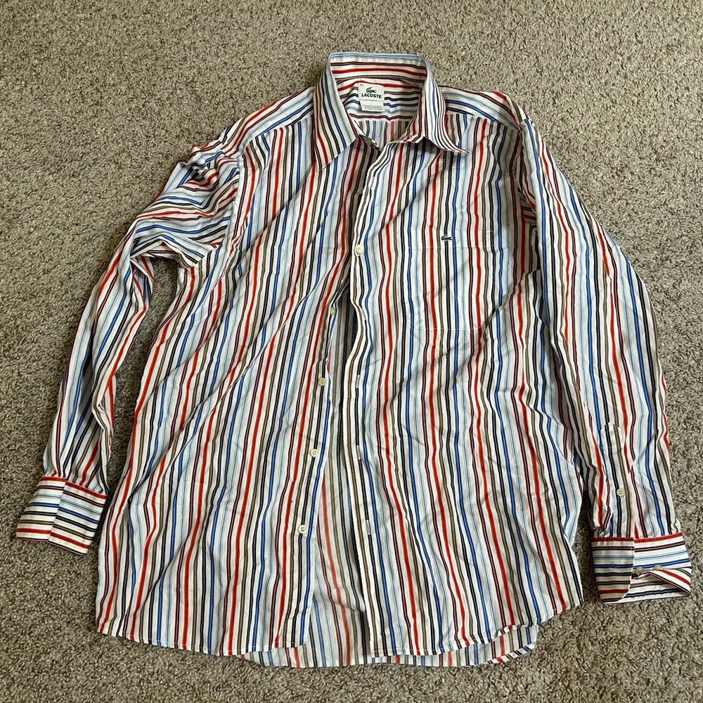 Lacoste Men’s Long-Sleeve Stripe Button-Down Shirt Red/Blue/White Size 42 Cotton